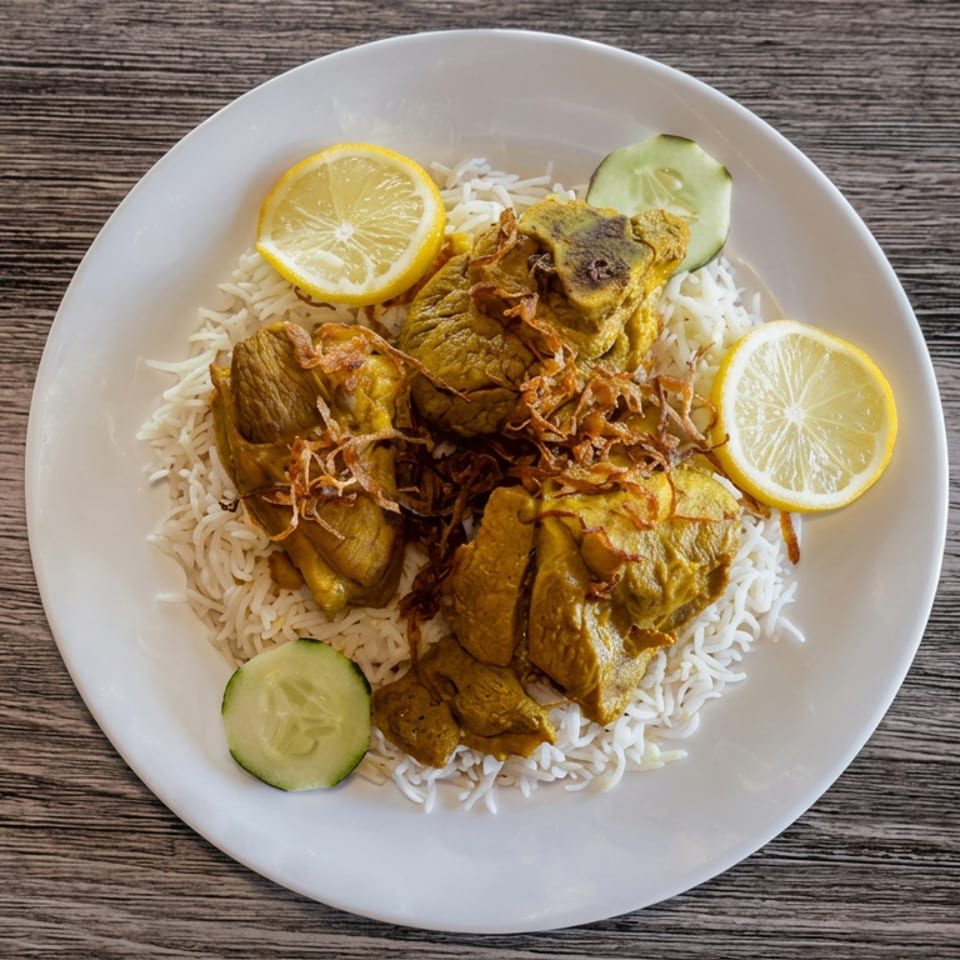 Plate of spiced chicken over white rice, garnished with fried onions, lemon slices, and cucumber on a wooden table.