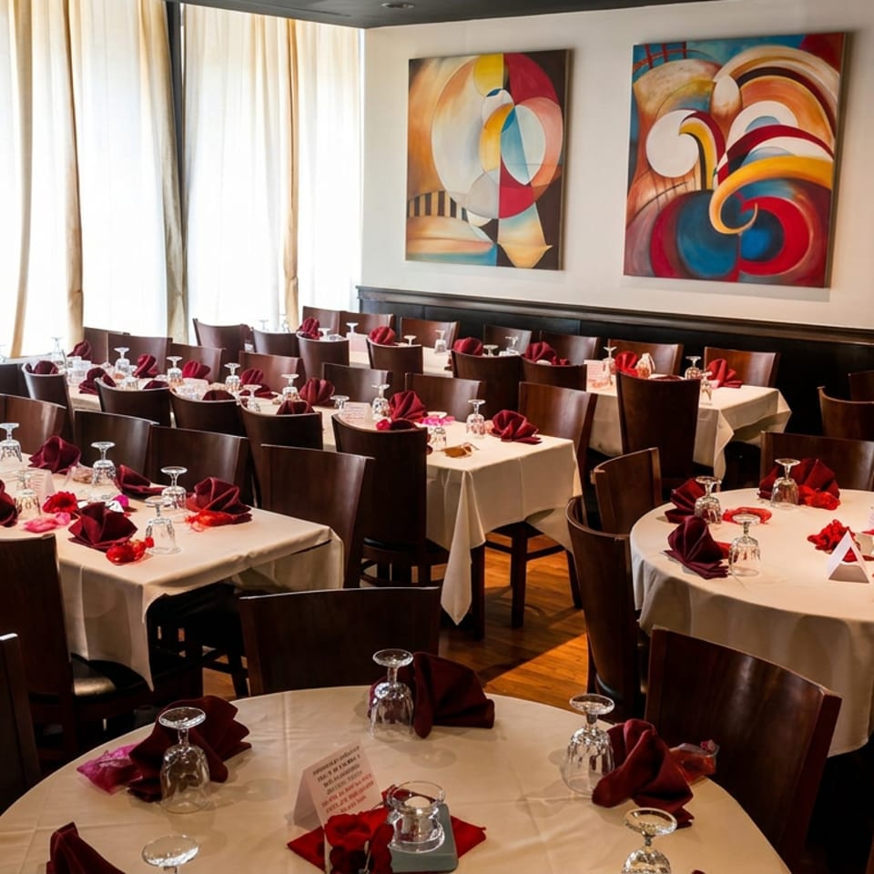 Elegant restaurant dining room with white tablecloths, red folded napkins, dark chairs, hardwood floors, and colorful abstract artwork.