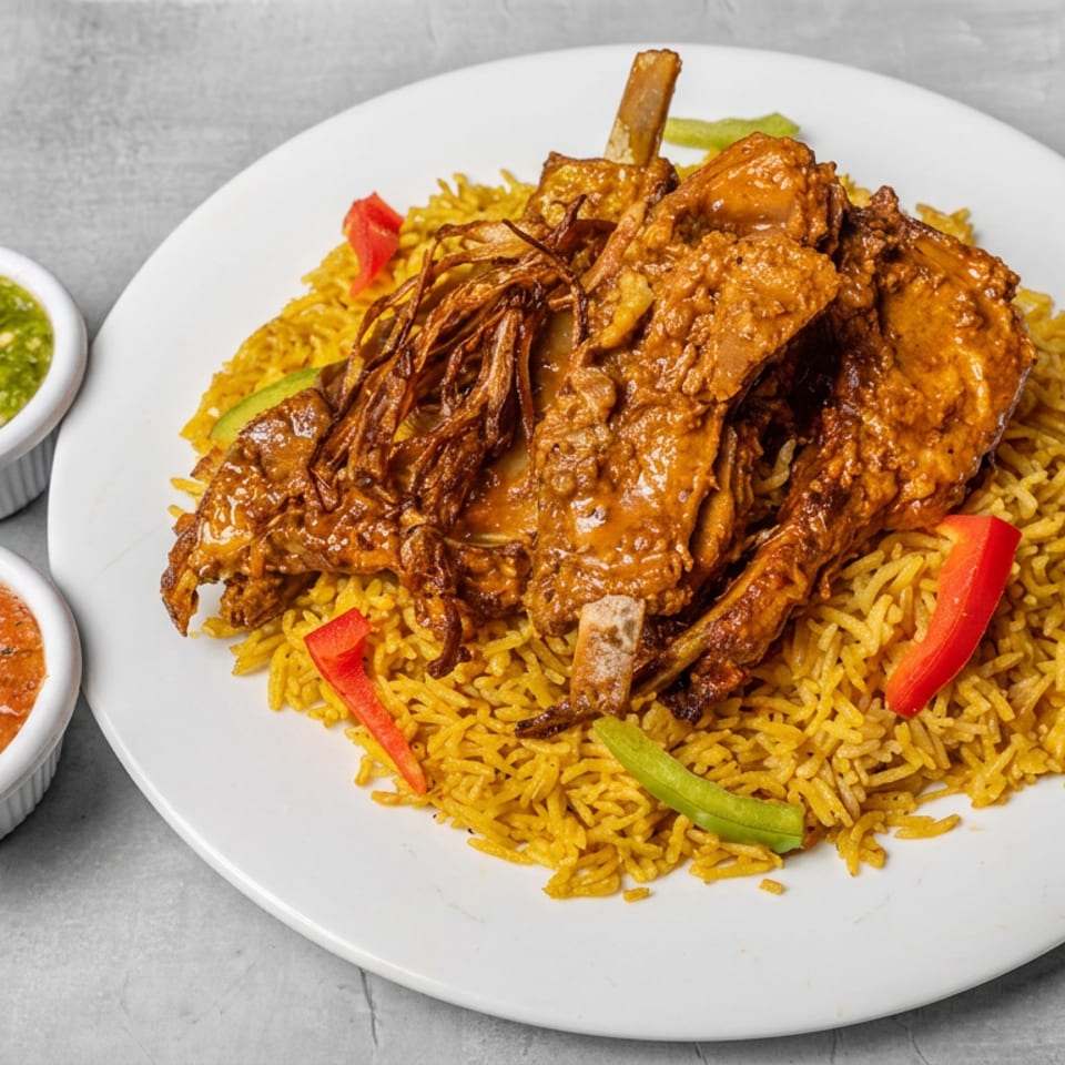 Spiced roasted meat served over yellow rice with red and green peppers, accompanied by bowls of green and red sauces.