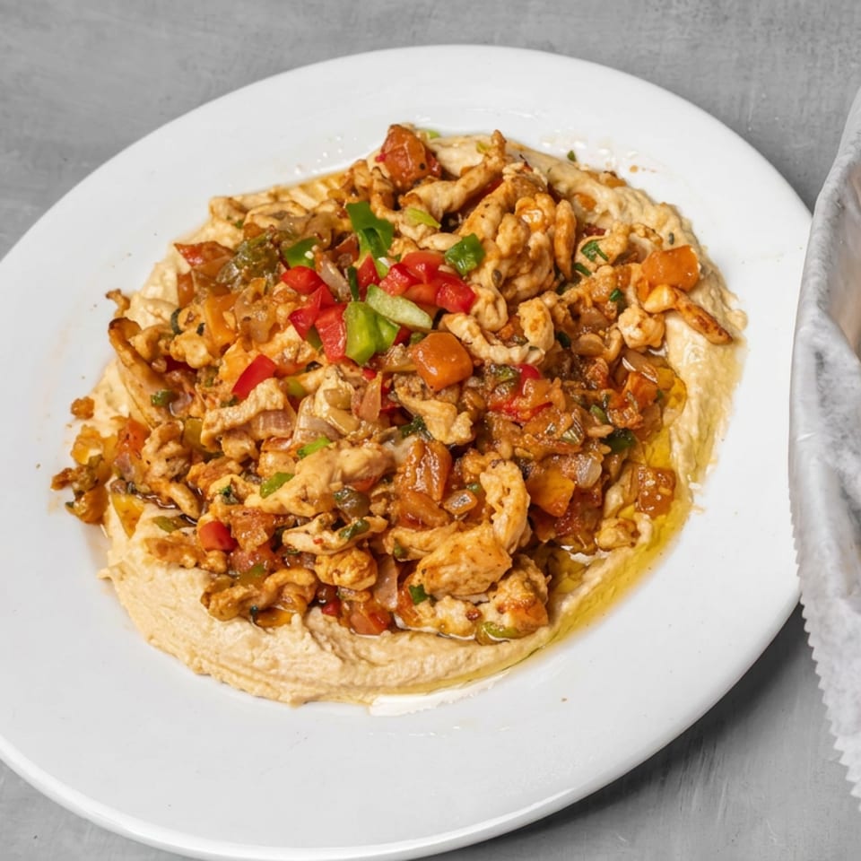 Plate of hummus topped with seasoned chicken, vegetables, and herbs, served alongside warm pita bread in a basket.