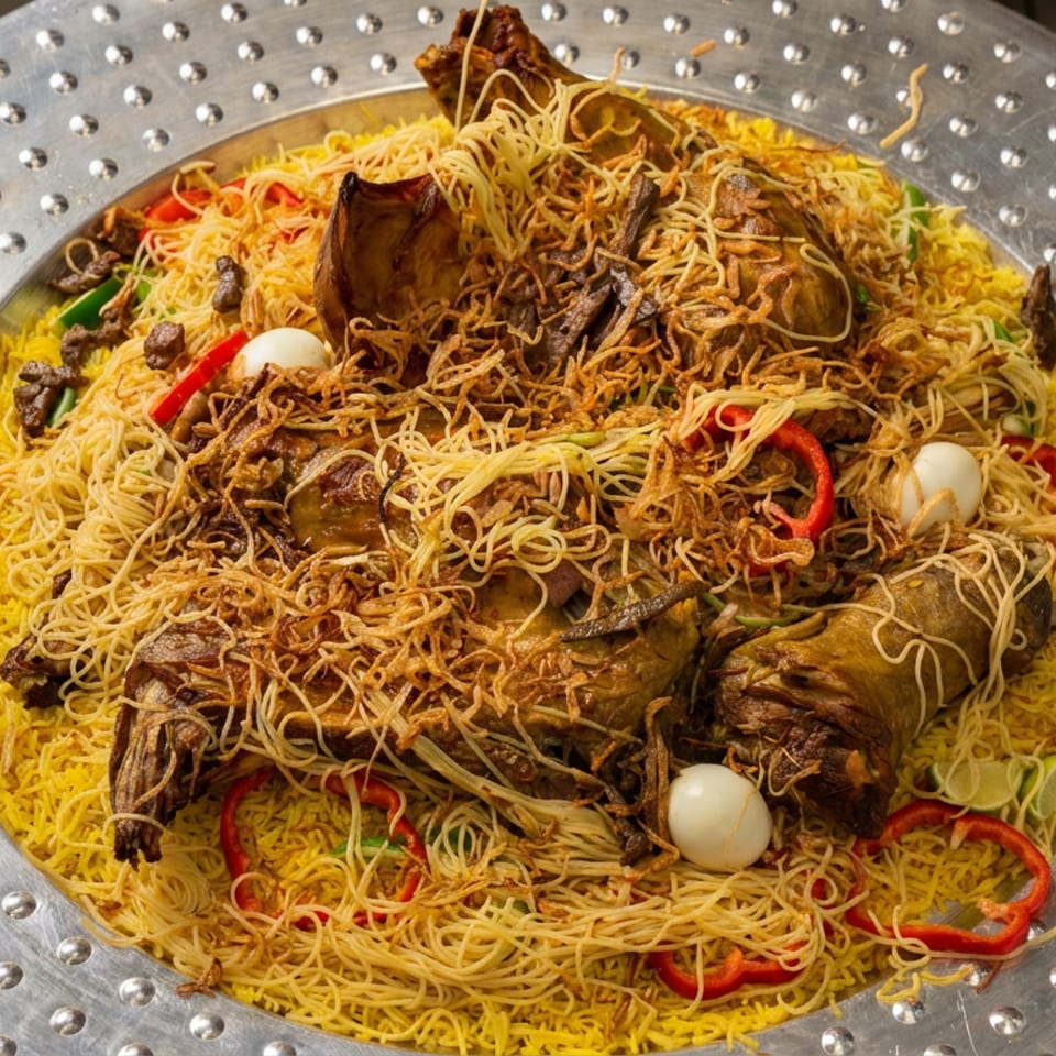 Large platter of yellow rice topped with crispy noodles, roasted meat, vegetables, and quail eggs.