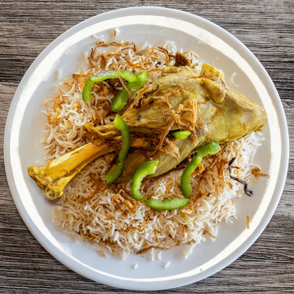 Plate of spiced basmati rice topped with roasted lamb shank, fried onions, and green bell pepper strips.