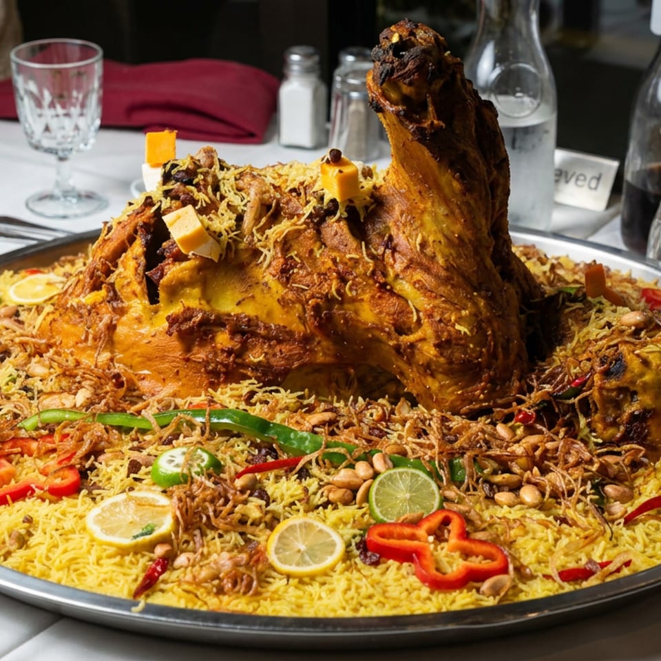 Large platter of spiced yellow rice topped with roasted meat, fried onions, peppers, lime slices, and peanuts on a restaurant table.