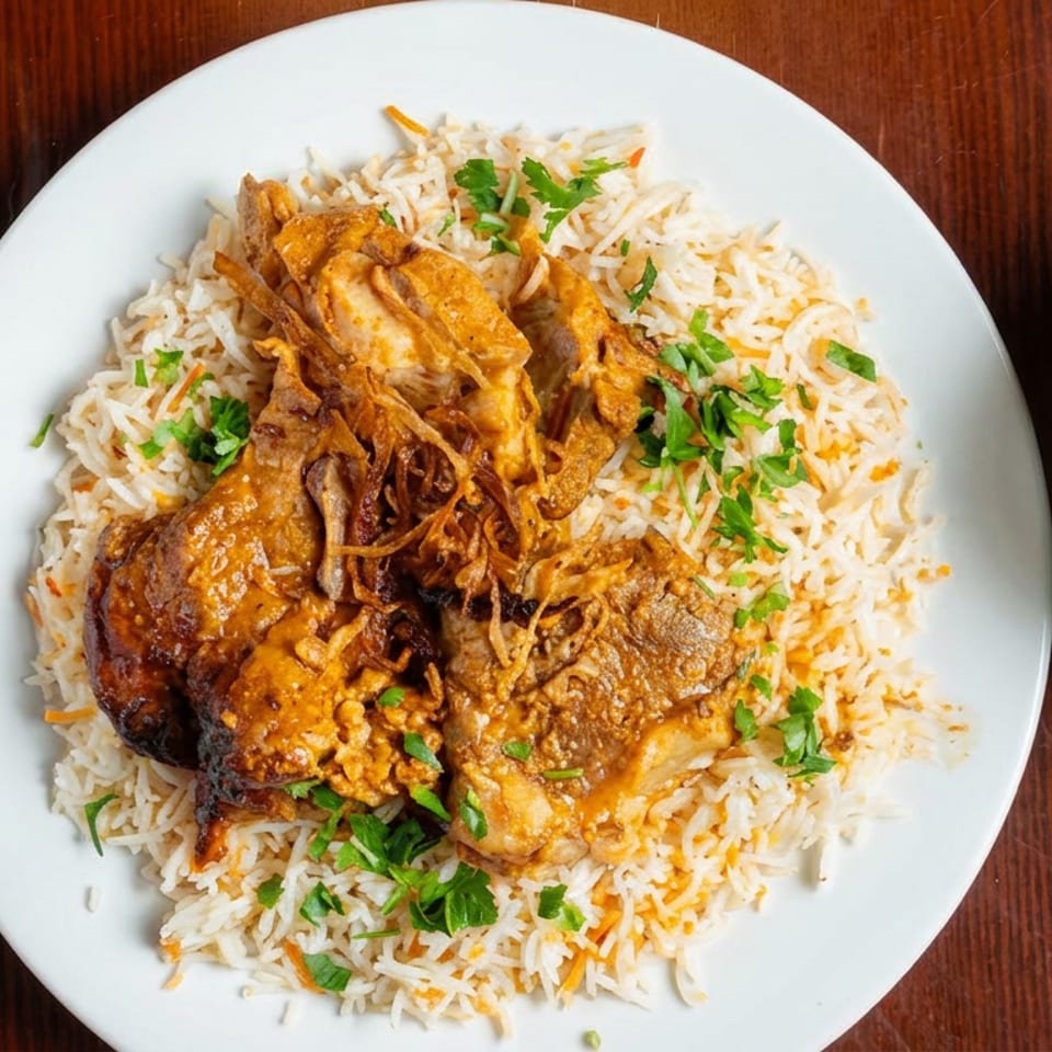 Overhead view of spiced meat and fried onions over basmati rice, accompanied by green chutney, curry, and chopped salad.