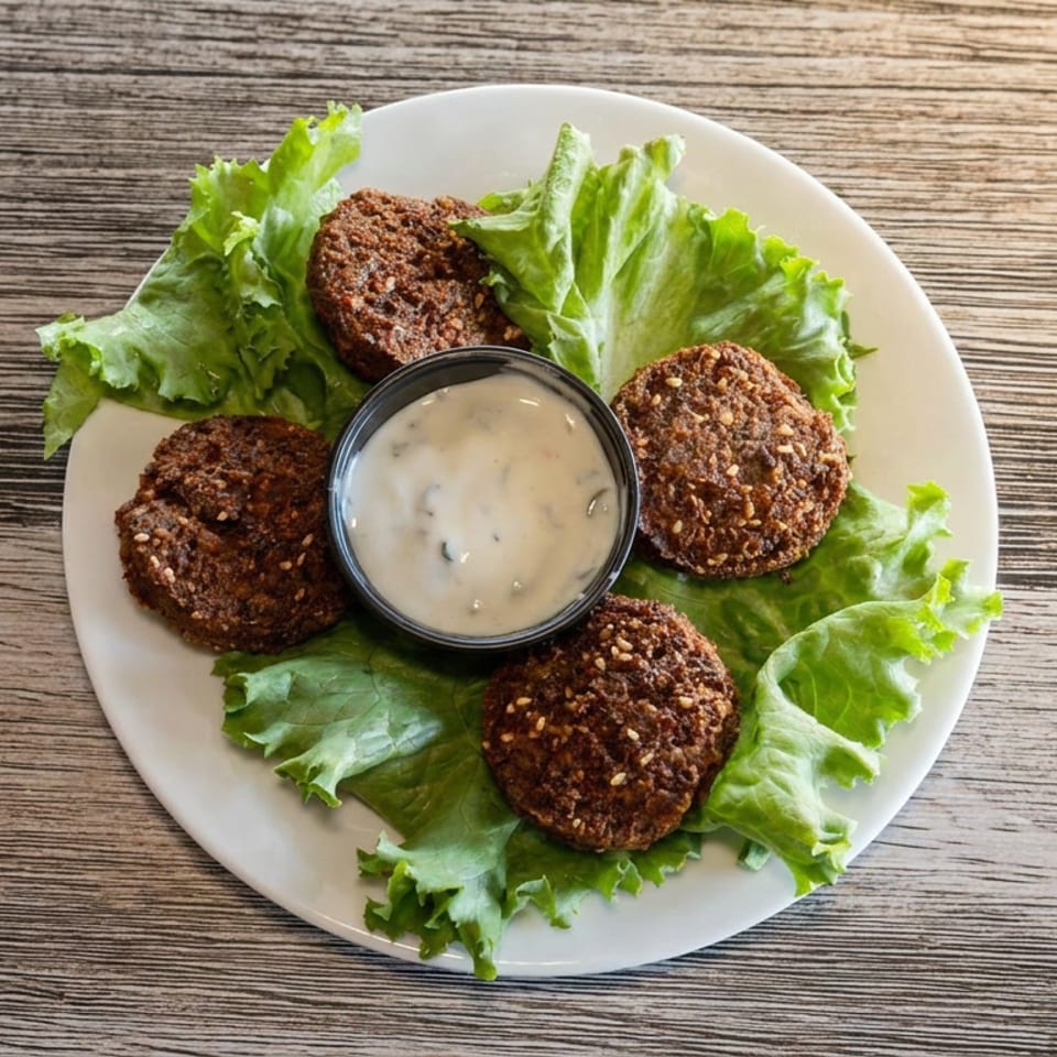 Four crispy falafel patties with sesame seeds and creamy dipping sauce arranged on lettuce over a white plate.