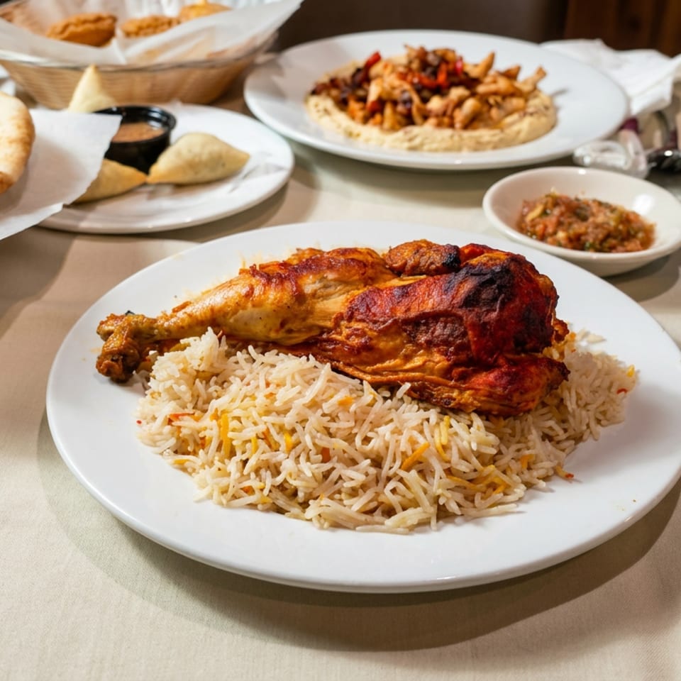 Spiced roasted chicken served over fragrant rice, surrounded by flatbread, dips, side dishes, and blue textured glasses.