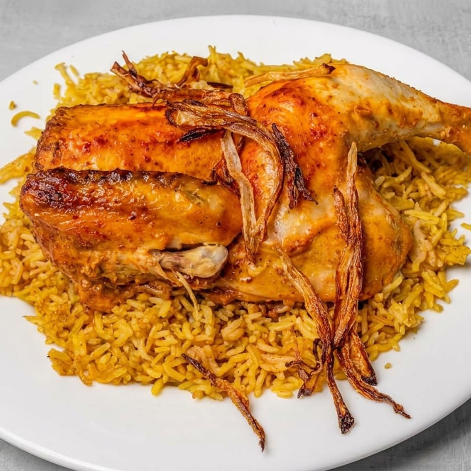 Roasted chicken pieces with crispy onions atop yellow rice, served with red and green sauces.